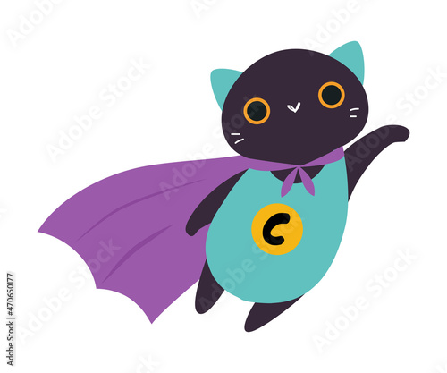 Flying Black Cat Animal Superhero Dressed in Purple Cloak Vector Illustration © topvectors