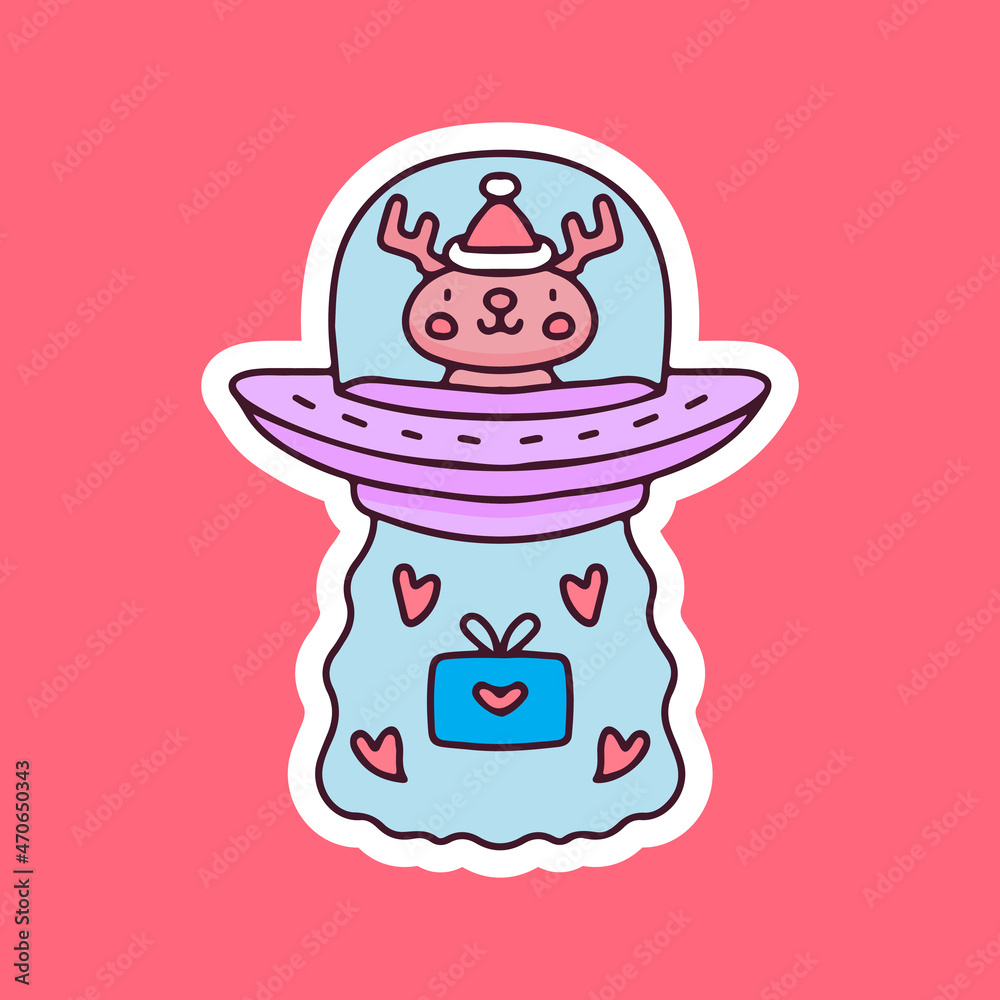 Reindeer wear Santa hat ride spaceship and bring Christmas gift illustration. Vector graphics for merch prints and other uses. Reindeer wear Santa hat ride spaceship and bring Christmas gift illustration. Vector graphics for merch prints and other uses.