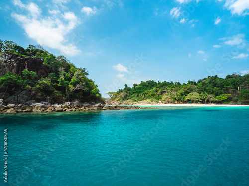 Ko Rang Island. Scenic rocky island, clear turquoise seawater and coral reef. Beautiful snorkeling spot in Mu Koh Chang National Park, Trat, Thailand.