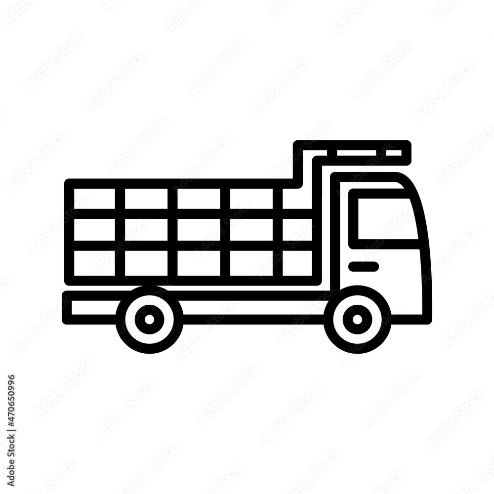 Hand drawn doodle cartoon dump truck. Vector black outline car icon on white background