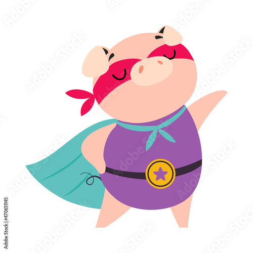 Pink Pig Superhero Character in Eye Mask and Cloak Having Super Power Vector Illustration