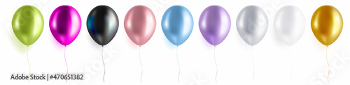 Trendy balloon set isolated on white background. Realistic helium ballon collection templates. Green, purple. black, pink, blue, silver, white, gold colours.