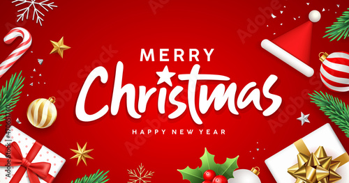 Merry Christmas text, ornament banners design on red background, Eps 10 vector illustration