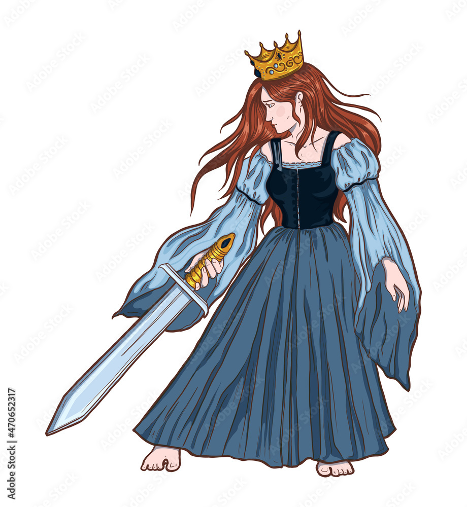 Beautiful queen with red hair, in blue dress and crown. Woman warrior standing with sword. Colourful vector illustration