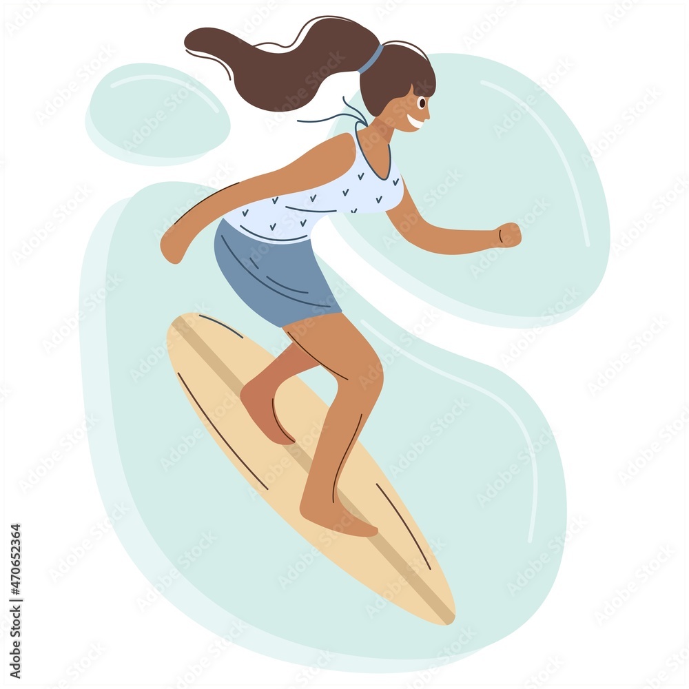 Young brunette girl surfing on a background of waves. Isolated icon beauty concept woman character relaxing with board on the water. Sports lifestyle. Summer rest. Vector isolated illustration. Young brunette girl surfing on a background of waves. Isolated icon beauty concept woman character relaxing with board on the water. Sports lifestyle. Summer rest. Vector isolated illustration.