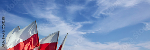 Waving national flags of Poland in summer wind against blue sky and clouds. Panorama.