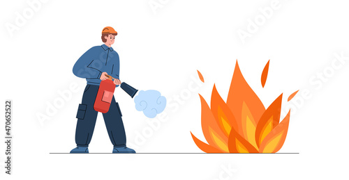 Firefighter spraying foam from fire extinguisher, vector illustration isolated.