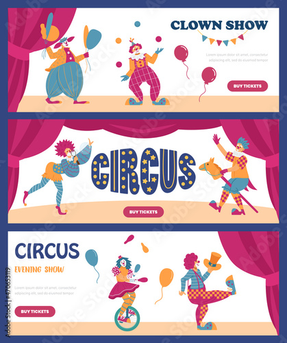 Circus show banners or flyers set with funny clowns  flat vector illustration.