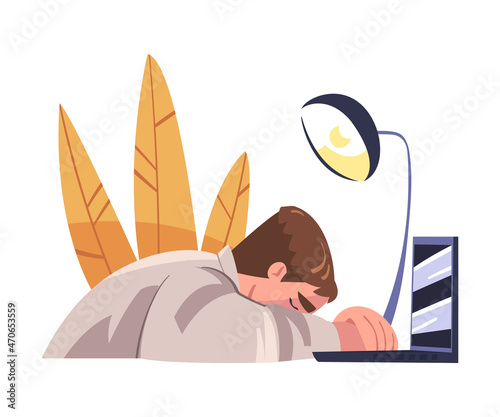 Tired Overworked Young Man Sitting at Laptop with Hang Head Vector Illustration