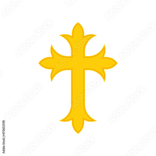 Fancy golden religious cross icon. Clipart image isolated on white background
