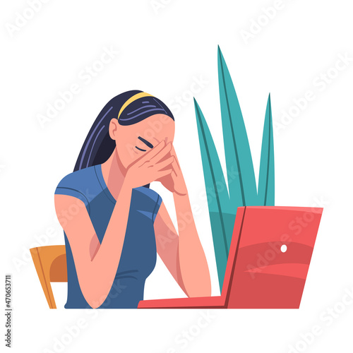 Tired Young Woman Sitting at Laptop Holding Head with Hands Vector Illustration