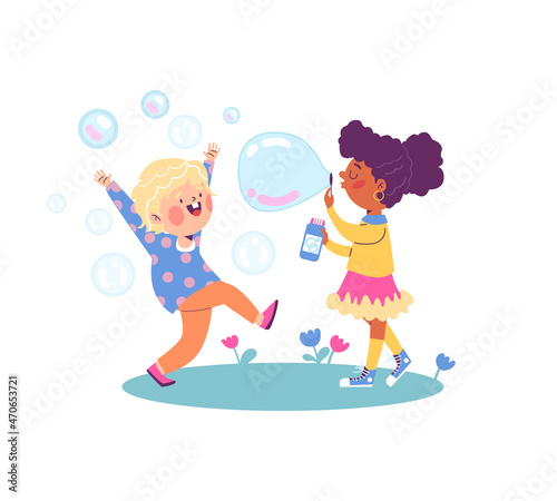 Boy and girl playing with soap bubbles flat vector illustration isolated.