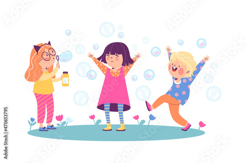 Group of joyful children blowing soap bubbles flat vector illustration isolated.