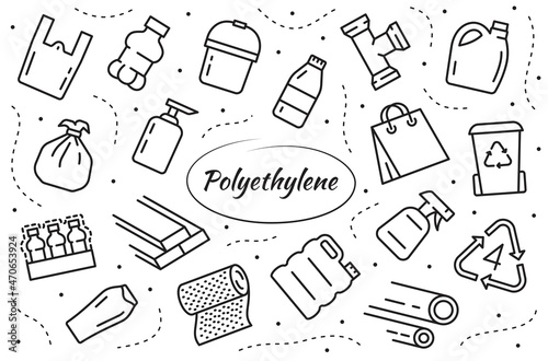 Low density polyethylene. LDPE products - food package, plastic bottle, bucket, garbage bag. Vector linear illustrations.