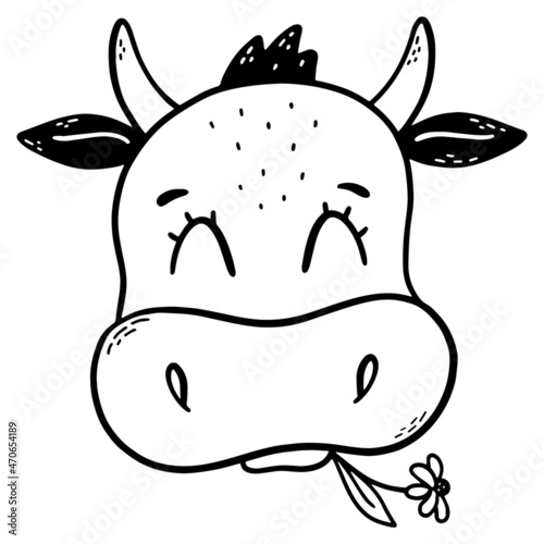 cute illustration of a cow decorated with a flower. Good for nursery posters, kids apparel prints, stickers, coloring pages, cards, etc. EPS 10