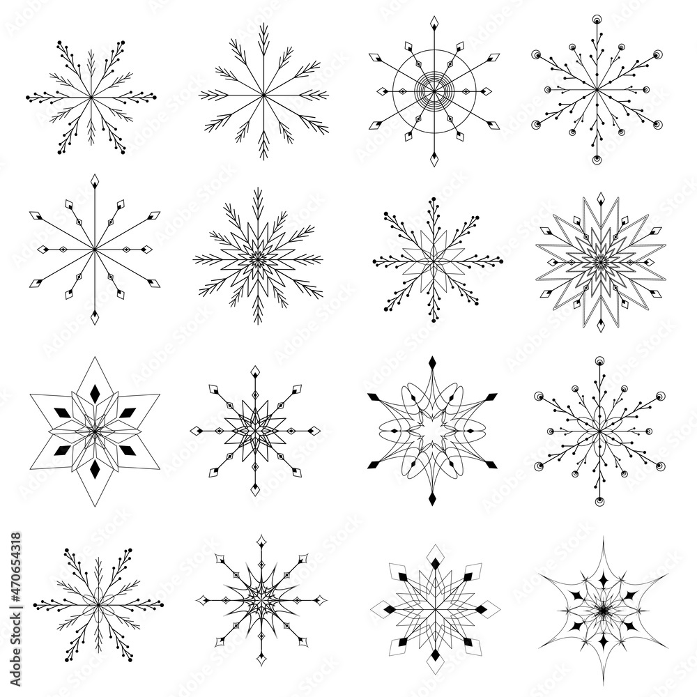 Cute snowflakes collection isolated on white background. Flat snow icons, snow flakes silhouette. Nice element for christmas banner, cards. New year ornament. Organic and geometric snowflake set. Cute snowflakes collection isolated on white background. Flat snow icons, snow flakes silhouette. Nice element for christmas banner, cards. New year ornament. Organic and geometric snowflake set.