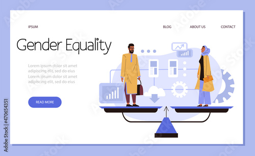 Female in hijab and male in thobe stand on the weighing dishes of scale. Gender equality in Muslim countries.