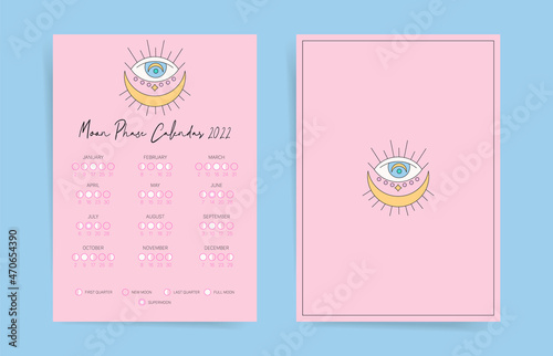 One page cute lunar calendar 2022 year card. Modern pink moon calendar 2022 poster template design. Lunar phases schedule concept. Vector illustration background. Cartoon monthly calendar.
