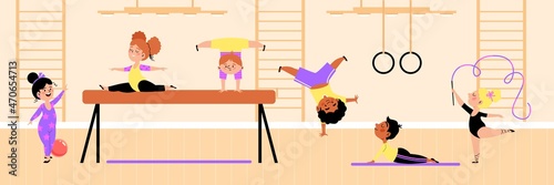 Kids gymnastic class banner with children in gym, flat vector illustration.