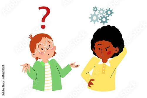 Little children thinking and asking questions flat vector illustration isolated.