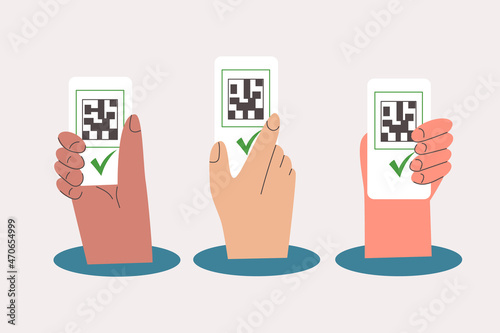 Diverse hands holding smartphones with qr code vaccine certificate. Green certificate vaccination, sanitary pass Covid result, check mark. Digital health passport with qrcode. Flat vector illustration