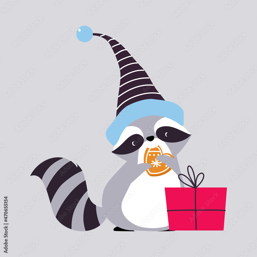 Obraz premium Cute Raccoon Animal with Striped Tail Wearing Hat Eating Gingerbread Enjoying Winter Season Vector Illustration