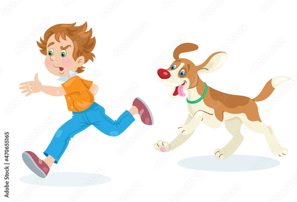 Frightened boy runs away from a funny dog. In cartoon style. Isolated on white background. Vector flat illustration.
