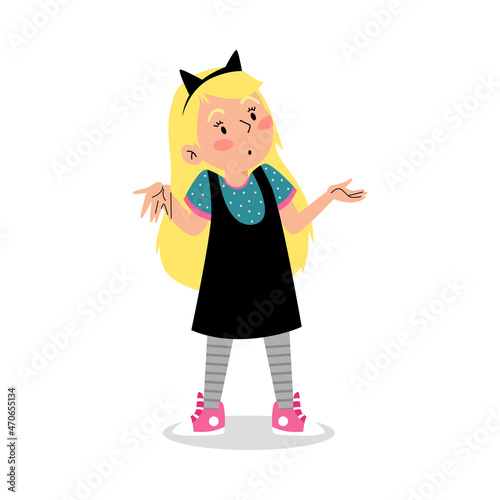 Uncertain doubtful child girl cartoon flat vector illustration isolated.
