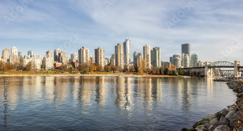 Panoramic View of Modern Downtown Cityscape during a sunny fall day. Sunset Beach in False Creek, Vancouver, British Columbia, Canada. © edb3_16