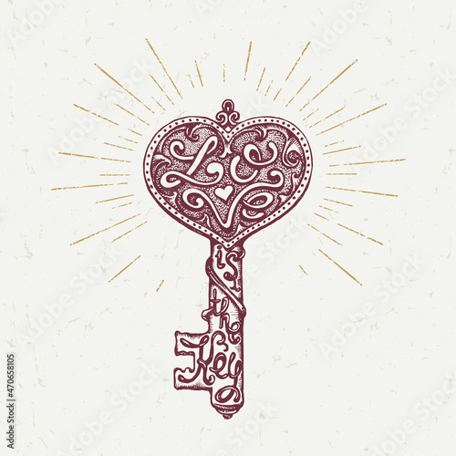 Hand Drawn Ornamental Antique Shining Key with "Love is the Key" Lettering. Vector Illustration.