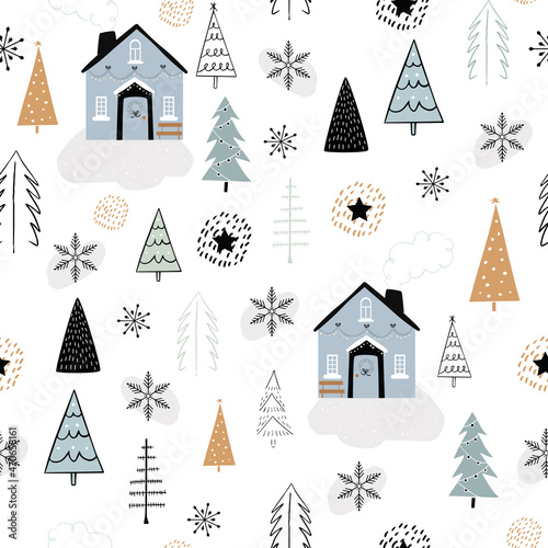 Christmas seamless repeat pattern with house, chrstmas trees and stars. Perfect for wallpaper, background, gift paper, winter decor and holiday designs. Vector illustration.