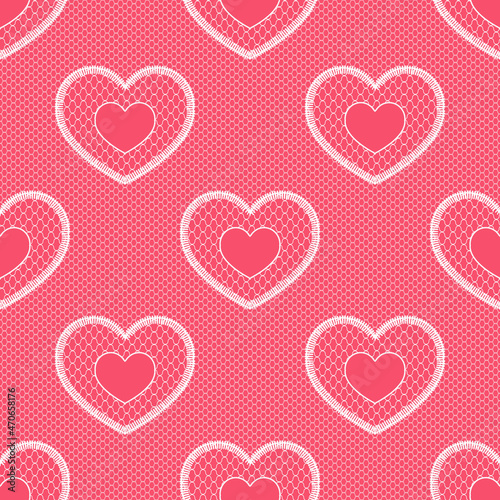 Pink Seamless Pattern with White Lace and Hearts. Vector Illustration.