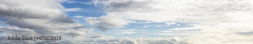 Beautiful Panoramic View of Cloudscape during a colorful and sunny fall season day. Taken on the West Coast of British Columbia, Canada.