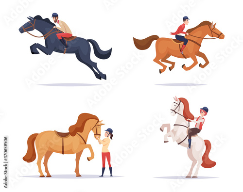 Rides horses. Equestrian riders on horseback funny domestic animals exact vector illustrations of horses
