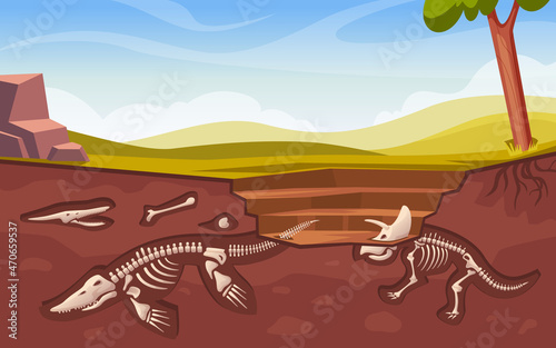 Archeological excavation. Dinosaur bones skeleton underground artifacts fossilized works historical cartoon background exact vector archeology concept