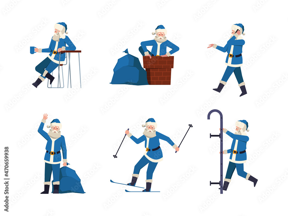 Santa characters. Xmas funny clauses in authentic red clothes in various poses garish vector santa