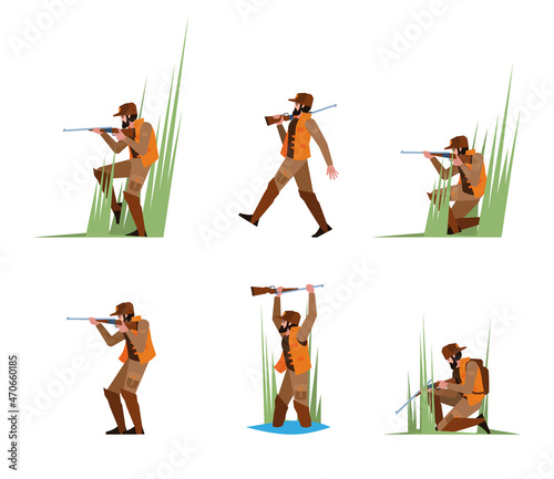 Hunter. Rifleman in various poses sniper with armor hunter warrior weapons for animal shooting garish vector flat characters