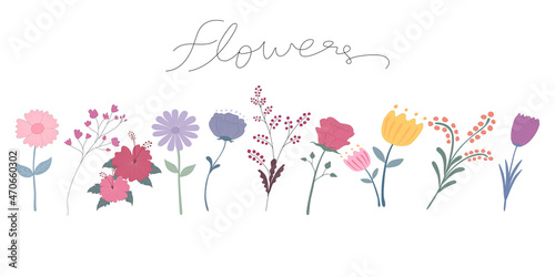 Cute multicolored flowers designed in doodle style. Can be adapted to a wide range of applications such as cover designs  Valentine s Day  web templates  digital printing  card decoration  weddings 