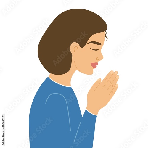 Vector illustration of a praying woman with dark hair. Isolated on a white background.