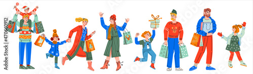 People with shopping bags buying Christmas gifts. Family winter Christmas shopping, flat cartoon vector illustration isolated on white background. Seasonal sales and fairs, holiday market buyers.