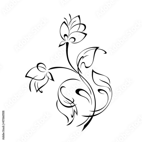 ornament 2068. stylized twig with flower buds, leaves and curls in black lines on a white background