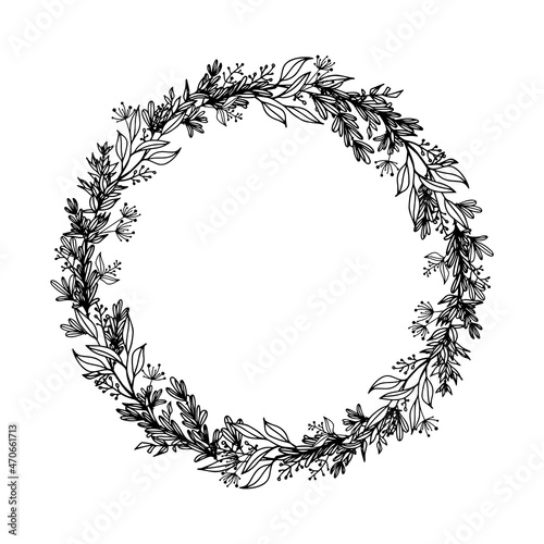 Botanical wreath. Flowers, leaves and branches, round frame. Vintage design for logo, cards, wedding invitations, postcards, stickers, fabric and textile.  White isolated background.