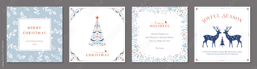 Merry and Bright Square Holiday cards. Christmas, Holiday templates with decorative Christmas Tree, reindeers, birds, floral background, ornate frames with greetings and copy space. - obrazy, fototapety, plakaty 