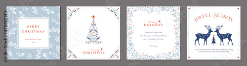 Merry and Bright Square Holiday cards. Christmas, Holiday templates with decorative Christmas Tree, reindeers, birds, floral background, ornate frames with greetings and copy space.