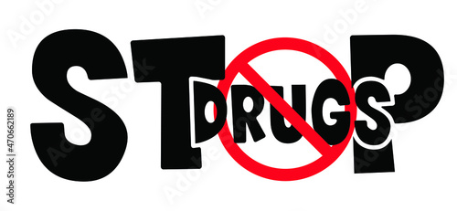 Stop drug addiction, no drugs. Concept for Red ribbon. Forbidding syringe, tobacco, and other drug, drugs addict, cocaine, heroin, crack, prevention concept. Drug free zone. For school or work.  photo