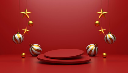 merry christmas and new year 2022 presents concept. red gift boxes, golden ball,  golden star, 2022 3d text and christmas decor on red background. 3D illustration