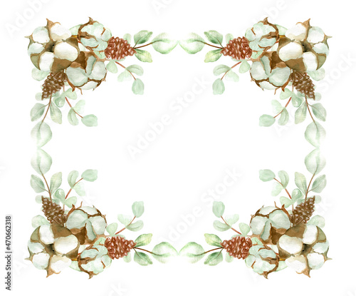 Frame. Flower arrangement of eucalyptus leaves and cotton