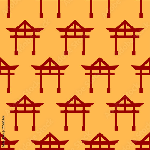 Torii gate sign. Seamless pattern with Japanese traditional gate on yellow background in red color. Symbol of Japanese Shinto religion. Design for print on fabric, wrapping paper.Vector illustration