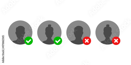 User account confirmation approved and disaproved. Human silhouette avatar with checkmark and cross flat icon set.
