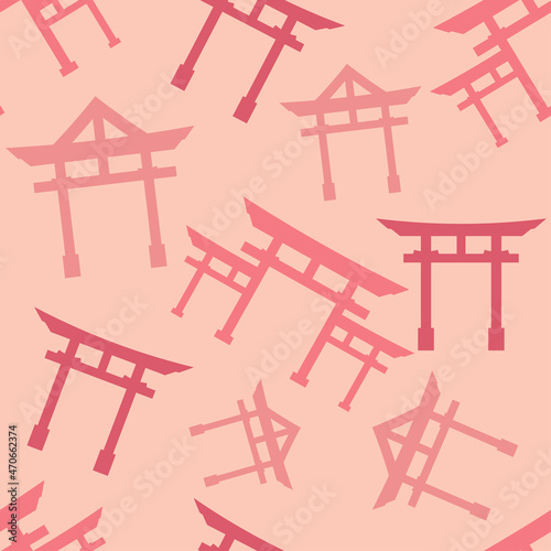 Torii gate sign. Seamless pattern with Japanese traditional gate pastel color. Symbol of Japanese Shinto religion. Design for print on fabric, wrapping paper, wallpaper, packing.Vector illustration
